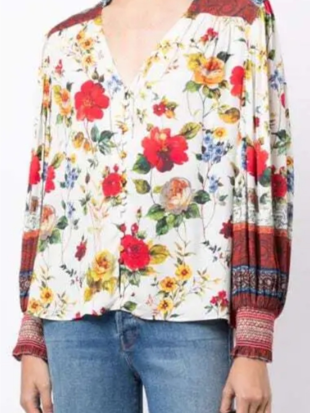 Alice + Olivia White Floral V-Neck Blouse with Red and Yellow Blooms